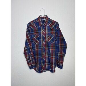 VTG Wrangler Shirt Mens 15.5x34 Plaid Cowboy Cut Pearl Snap Western X-Long Tails
